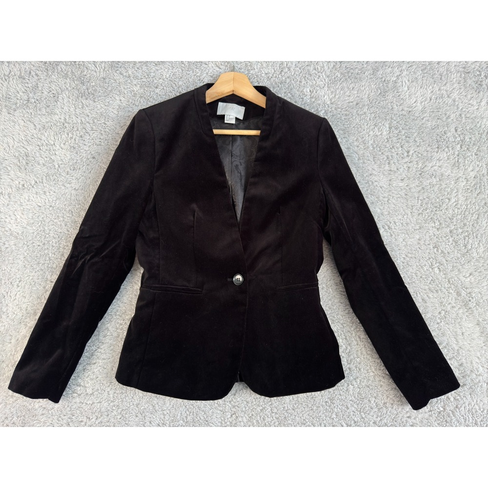 H&M Womens Black Blazer with Floral Lining Single Button Closure SZ 6 velvet